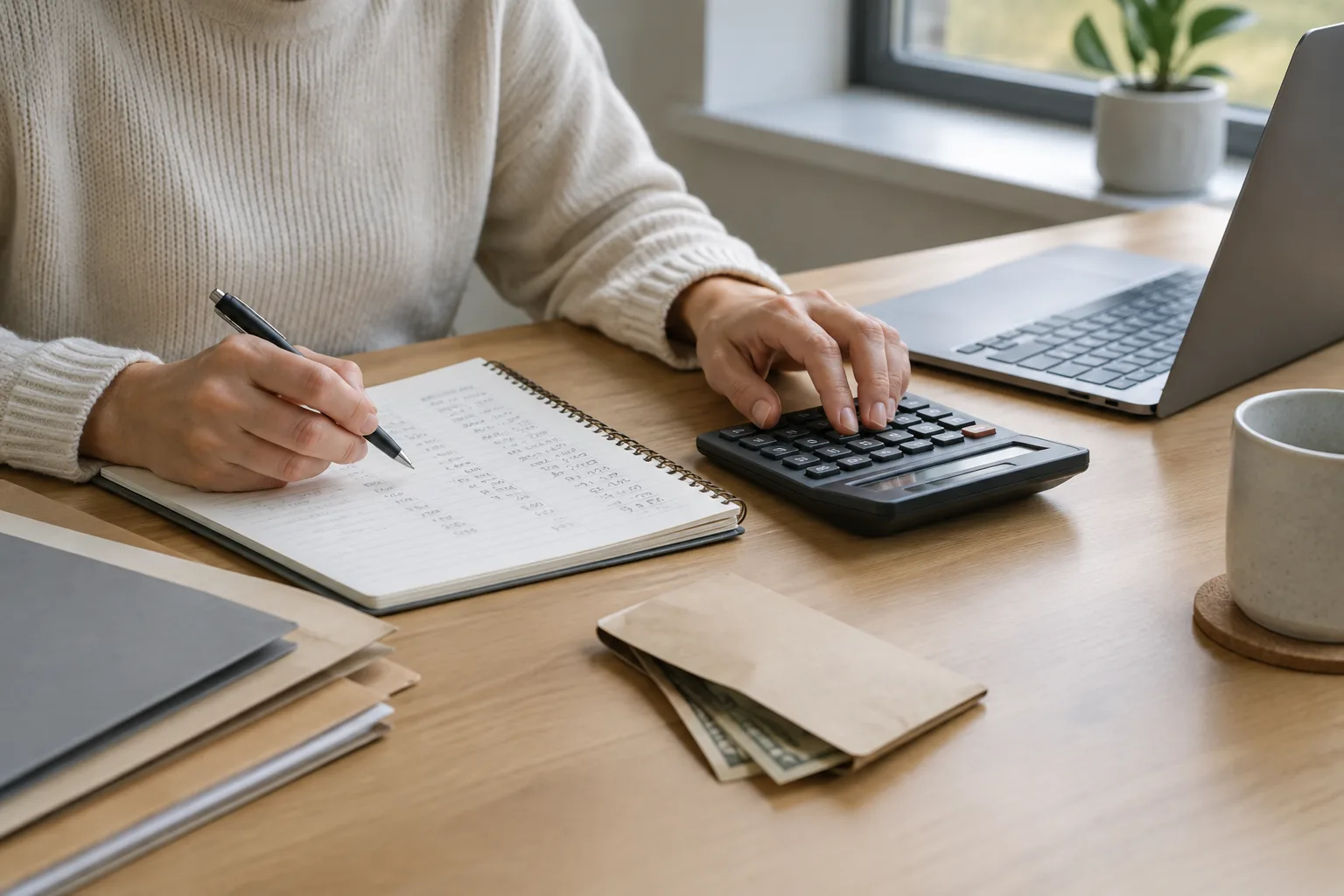 Un indépendant répartit un encaissement à l’aide d’un carnet et d’une calculatrice.