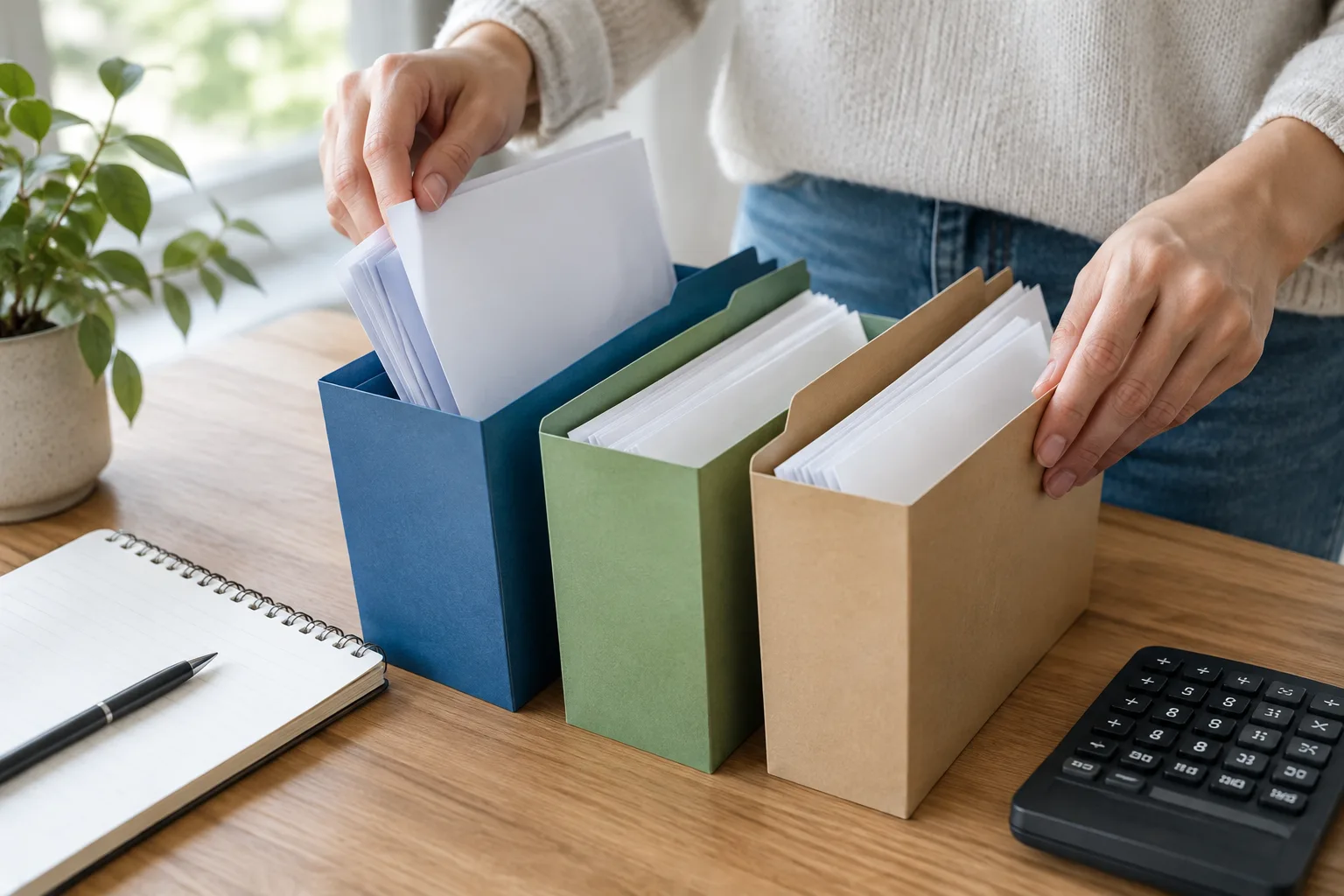Des mains répartissent des feuilles comptables vierges entre plusieurs chemises posées près d’une calculatrice.