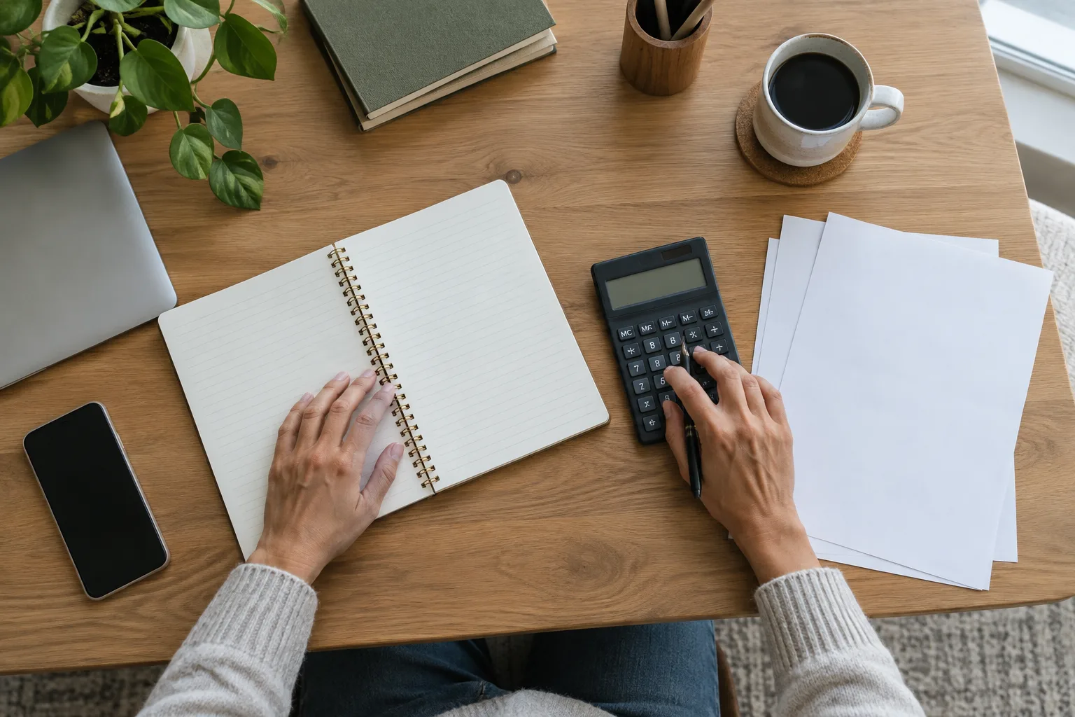 Des documents vierges, un carnet et une calculatrice sur le bureau d’un indépendant qui organise ses finances.