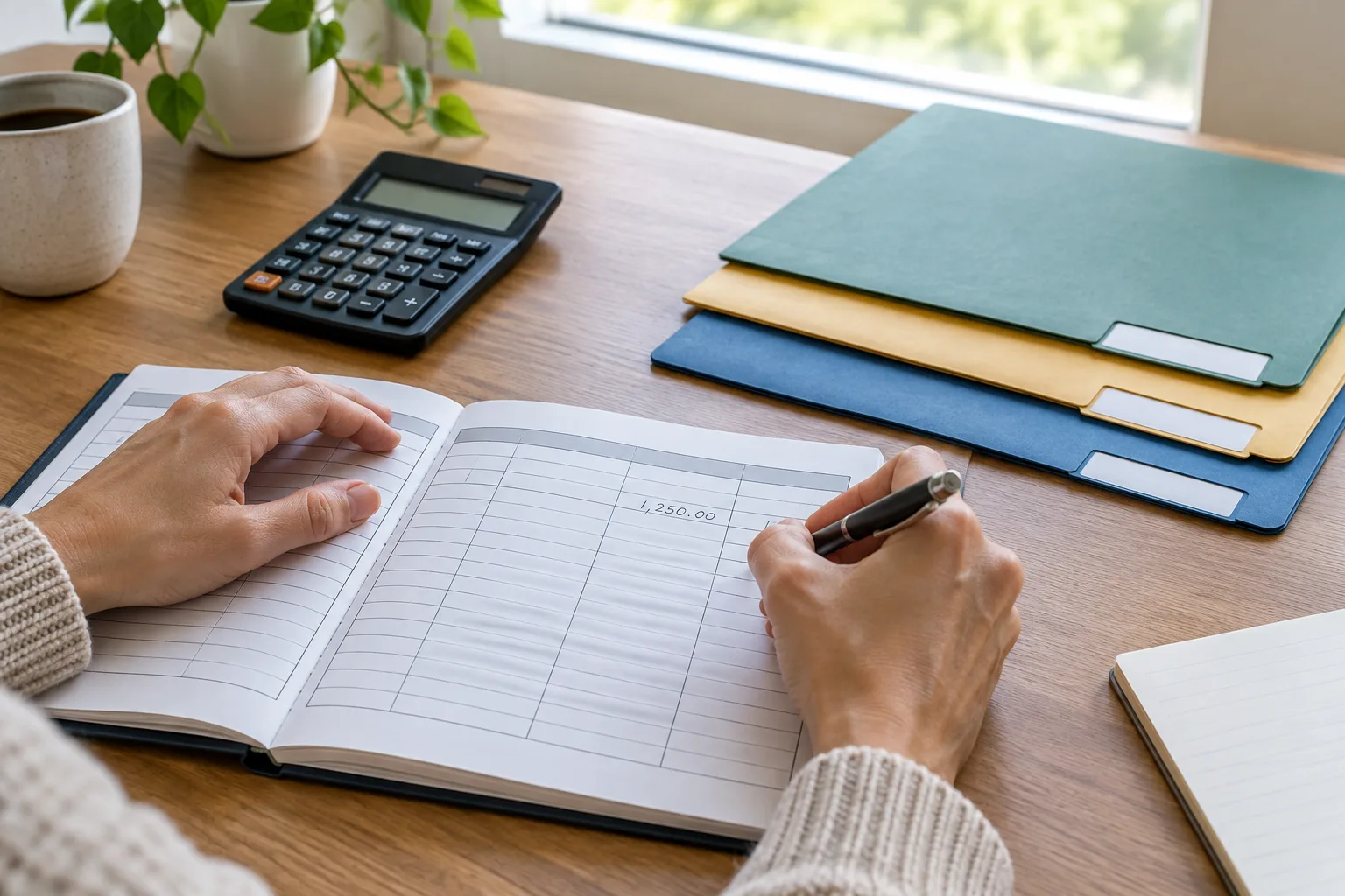 Une personne note un encaissement dans un registre à côté d’une calculatrice et de dossiers.