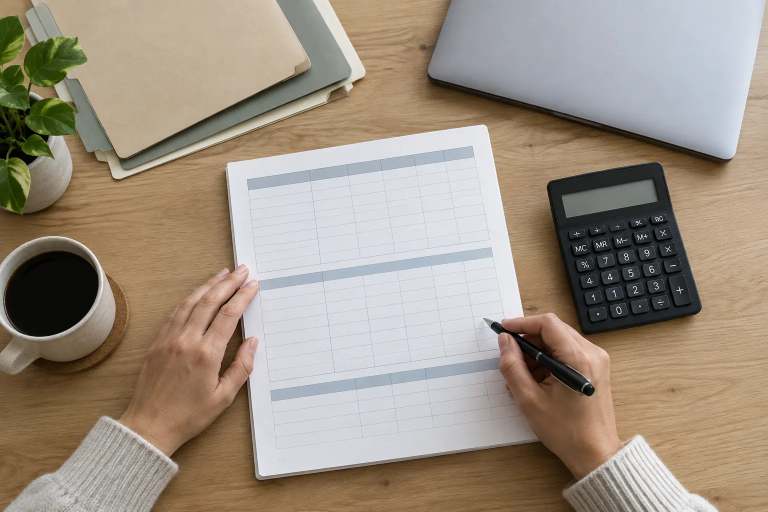 Des mains consultent un planning de trésorerie près d’une calculatrice et de dossiers.