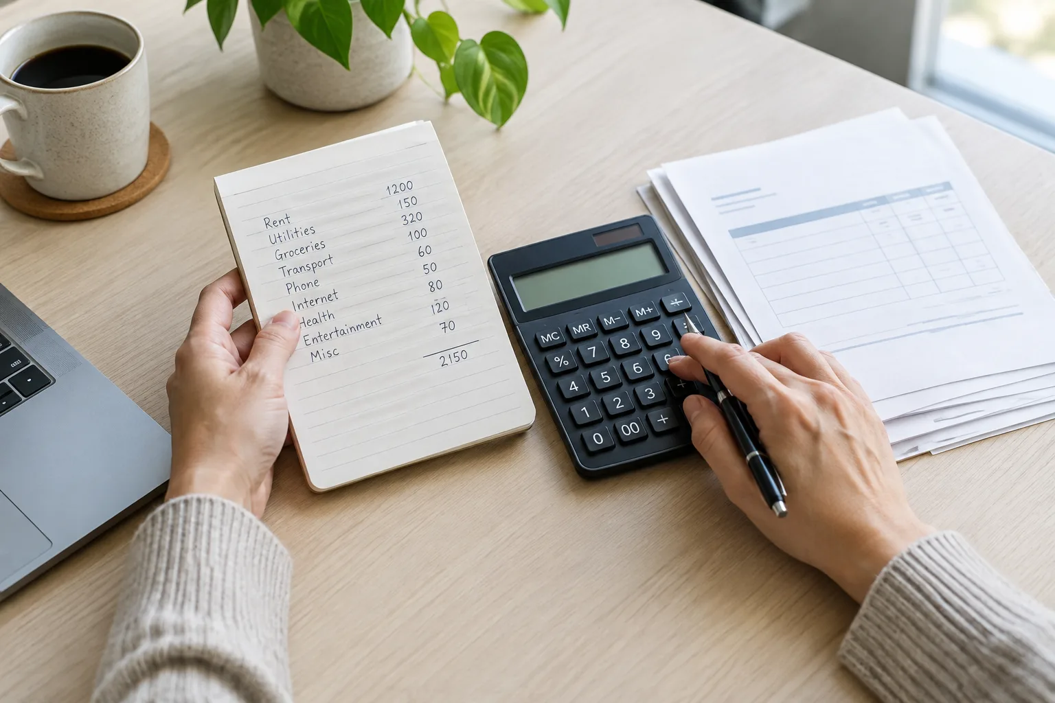 Des mains utilisent une calculatrice pour estimer les dépenses professionnelles mensuelles.