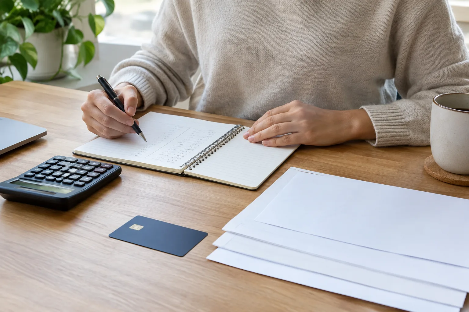 Un indépendant examine ses prévisions de trésorerie à côté d’une calculatrice et de documents.