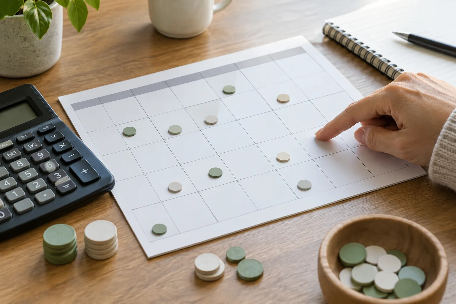 Une main repère une semaine à risque sur un calendrier de trésorerie, à côté d’une calculatrice.