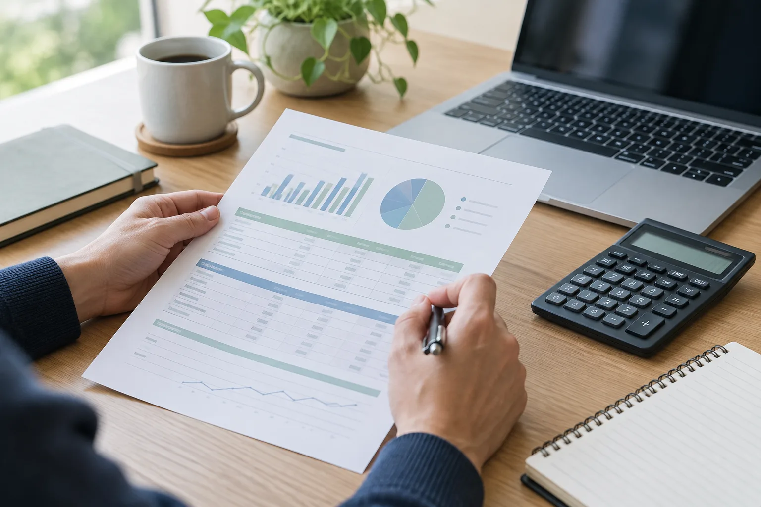 Un indépendant consulte un prévisionnel de trésorerie posé près d’une calculatrice.