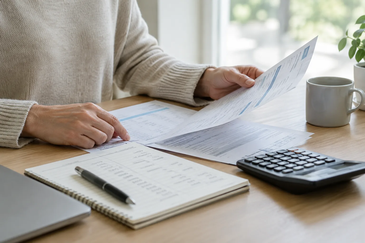 Mains consultant des documents d’assurance et un budget sur un bureau.
