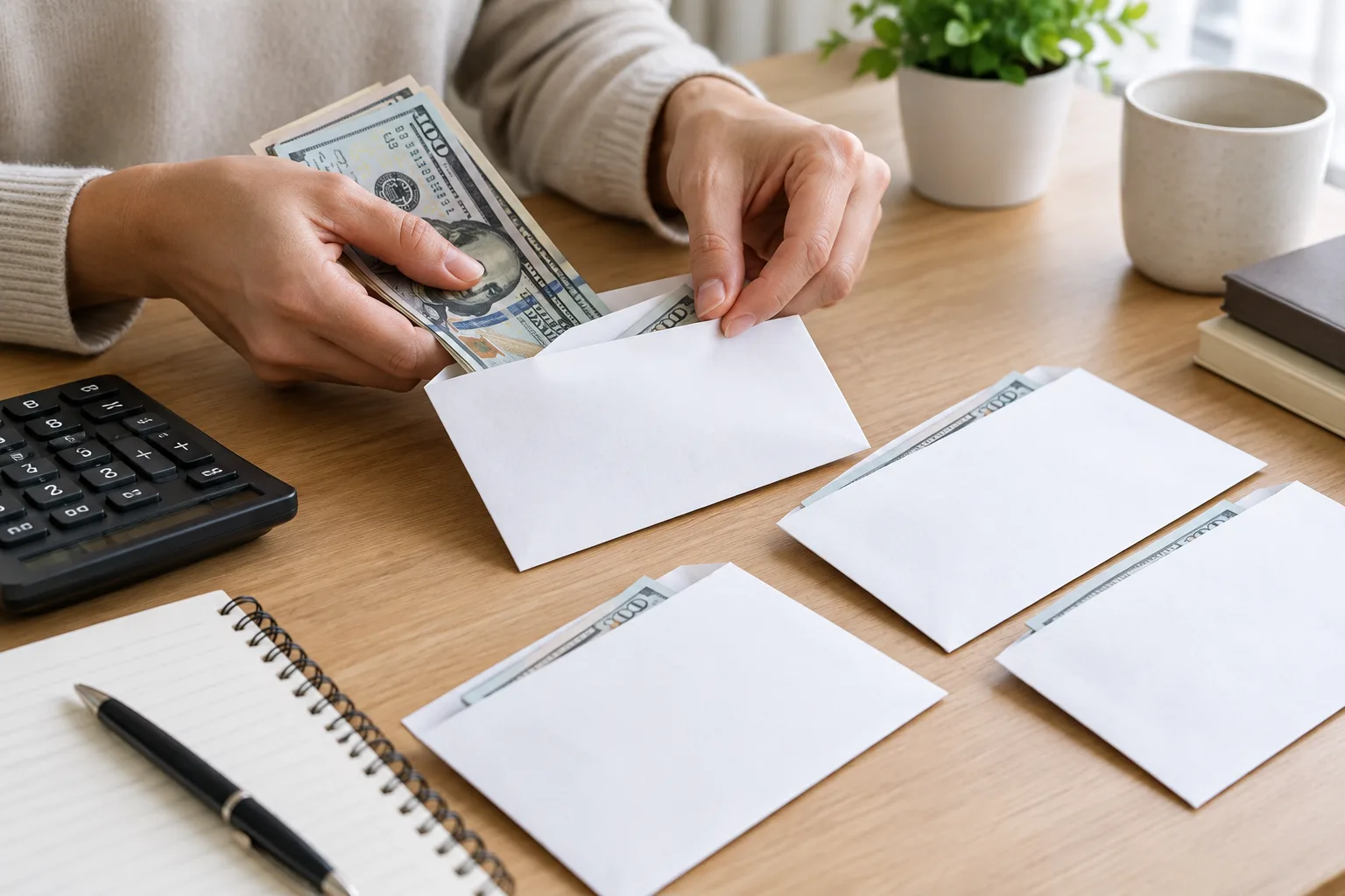 Des mains répartissent des billets dans plusieurs enveloppes vierges, avec un carnet et une calculatrice.