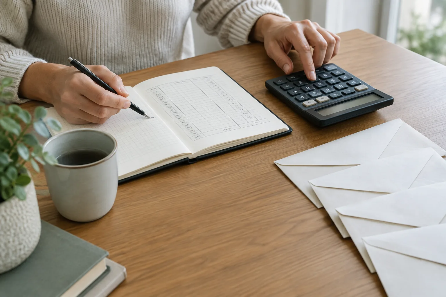 Un carnet de suivi budgétaire, une calculatrice et des enveloppes posés sur un bureau.