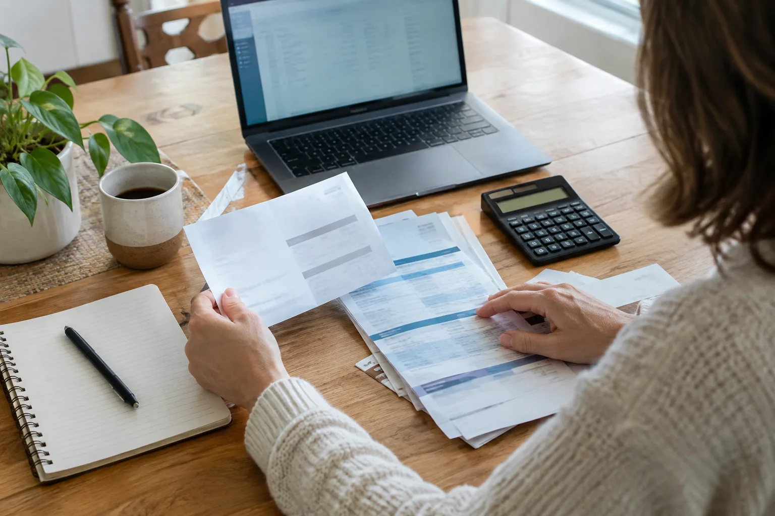 Des documents bancaires, un ordinateur et une calculatrice posés sur une table pour examiner des dépenses récurrentes.