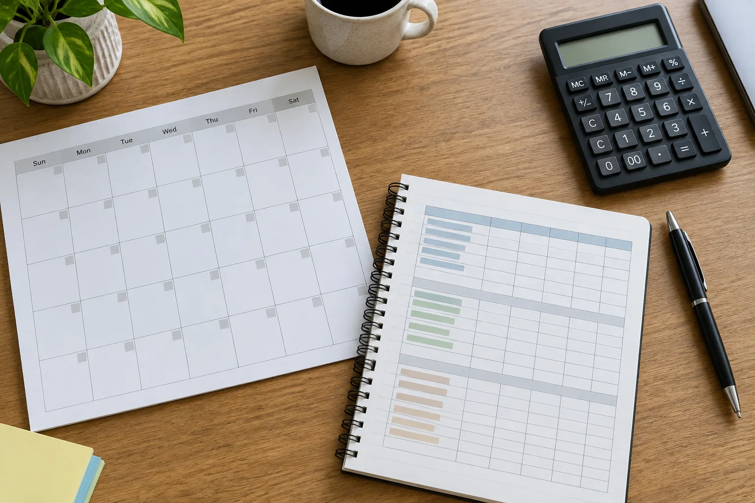 Un calendrier vierge, un carnet de suivi et une calculatrice disposés sur un bureau.