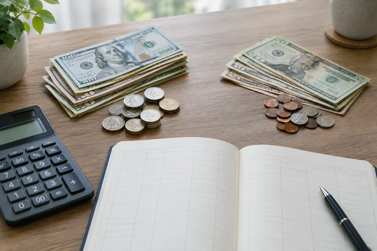 Des billets et des pièces sont répartis en deux groupes près d’un carnet et d’une calculatrice.