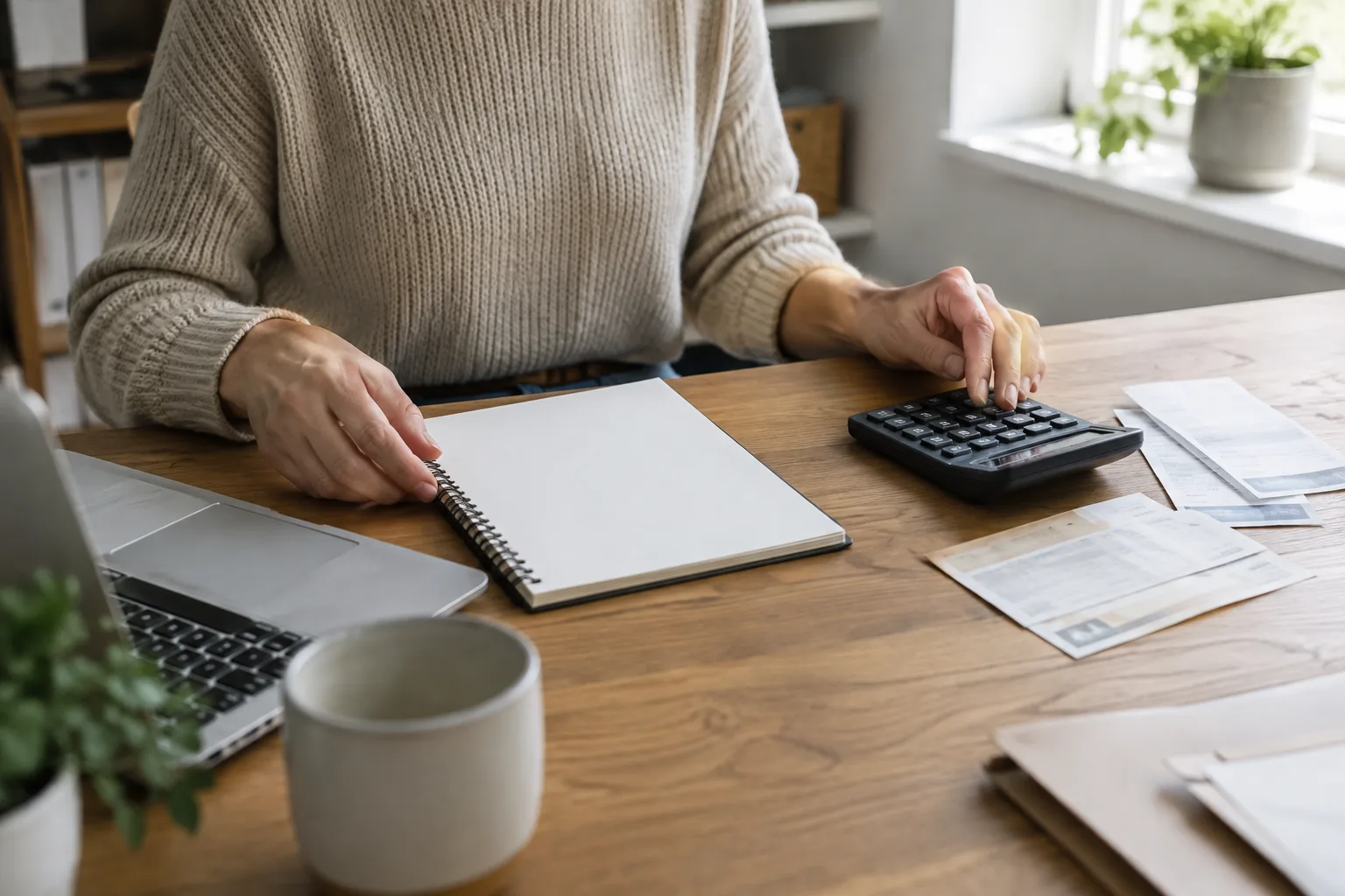 Un indépendant prépare son suivi de trésorerie à l’aide d’un carnet et d’une calculatrice.