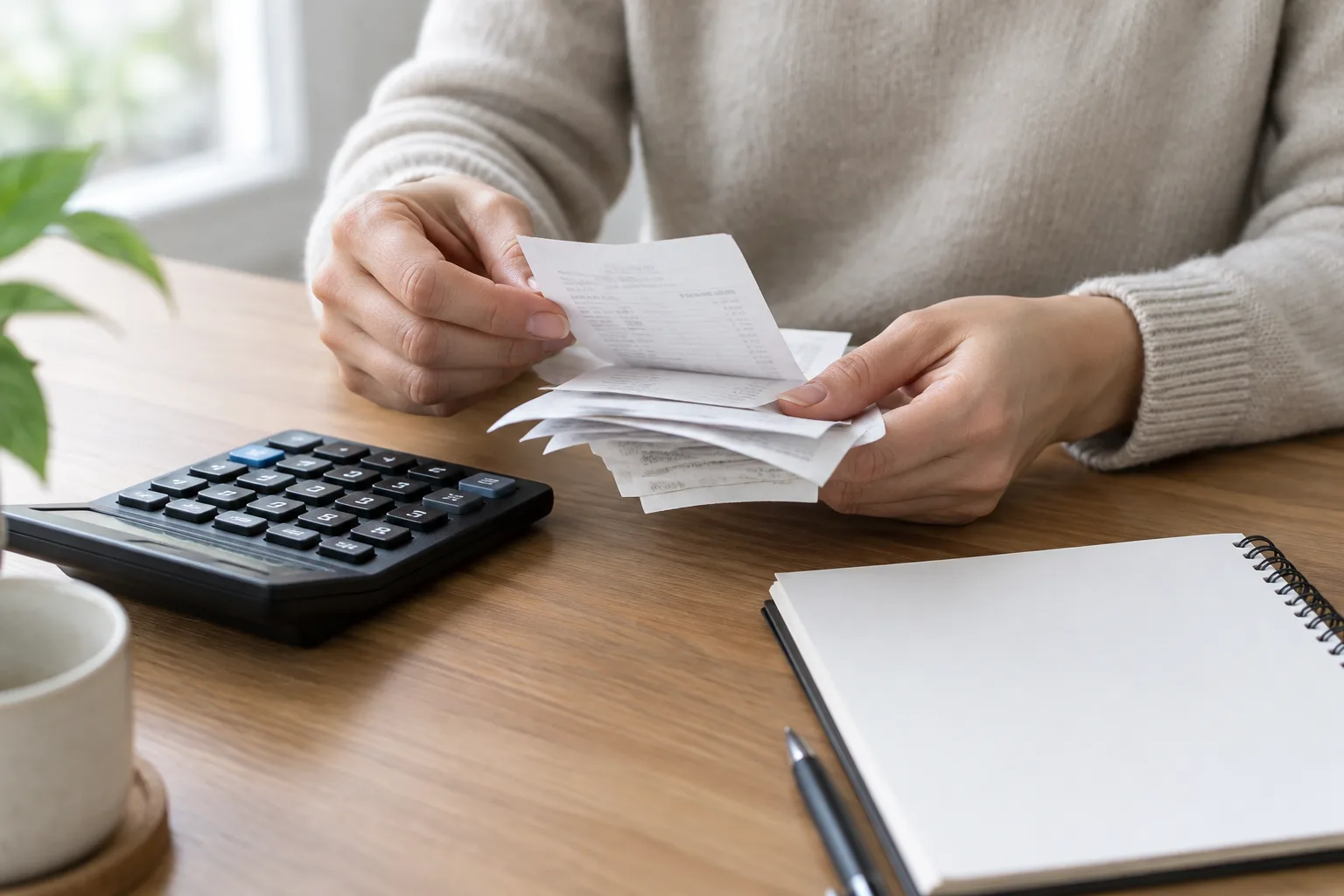 Une personne consulte des factures et une calculatrice pour suivre les dépenses professionnelles.