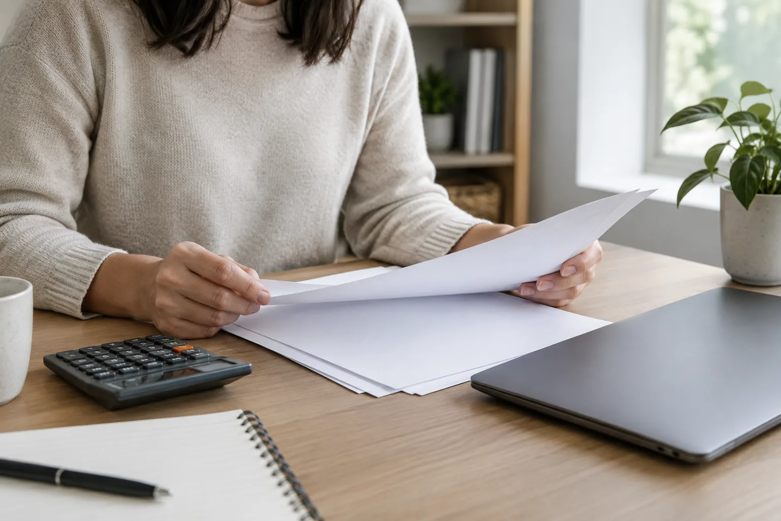 Des mains organisent des documents financiers et une calculatrice sur un bureau.