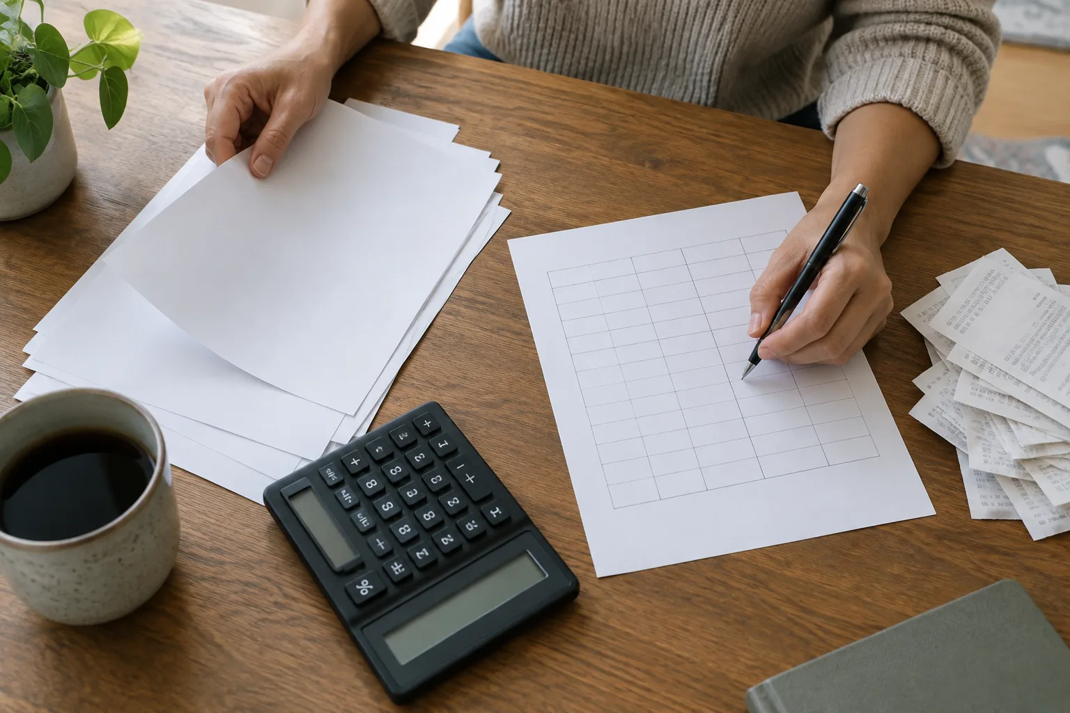 Des mains organisent des feuilles de suivi et des reçus à côté d’une calculatrice.