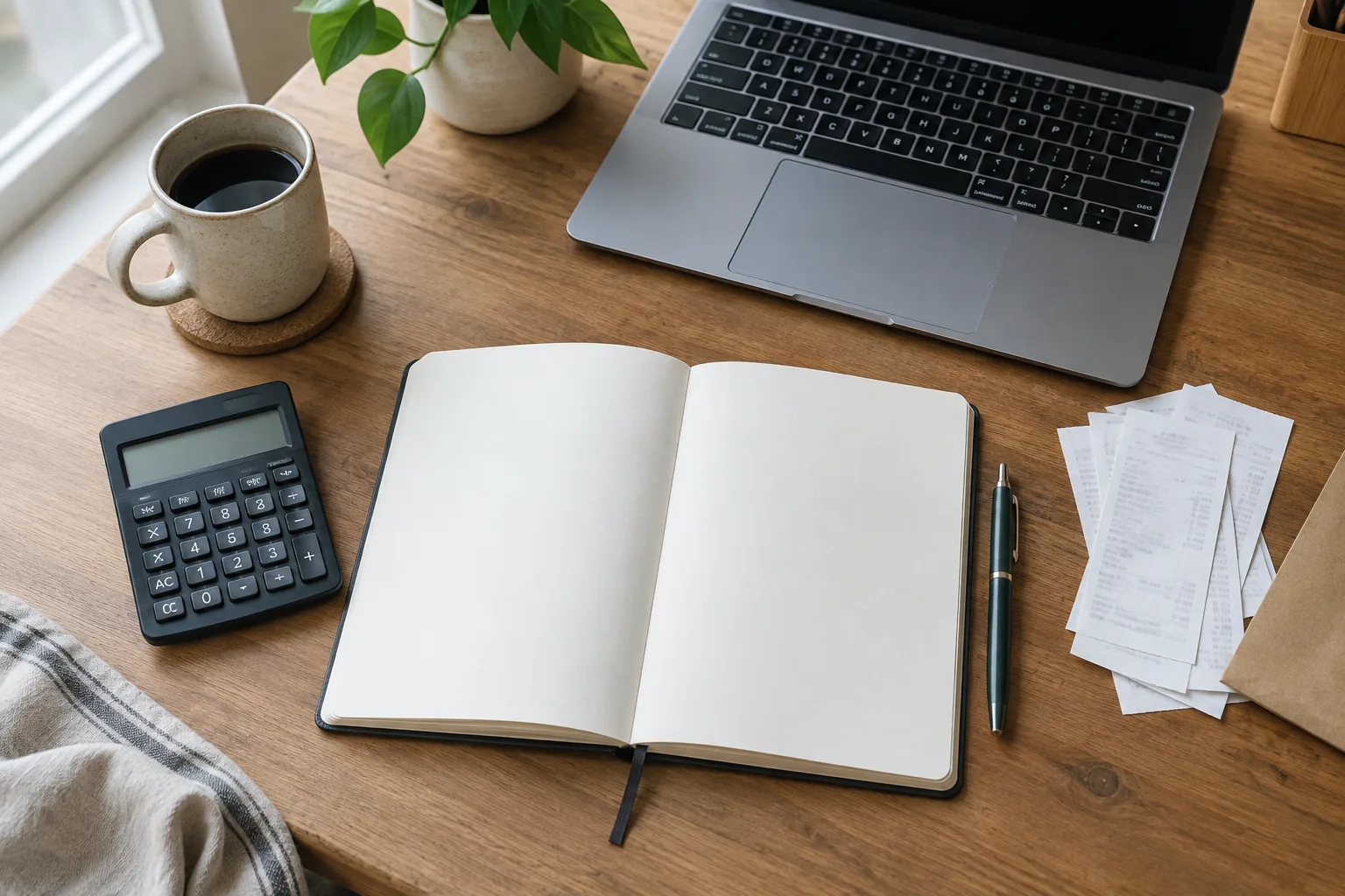 Carnet de suivi, calculatrice et reçus sur le bureau d’un indépendant.