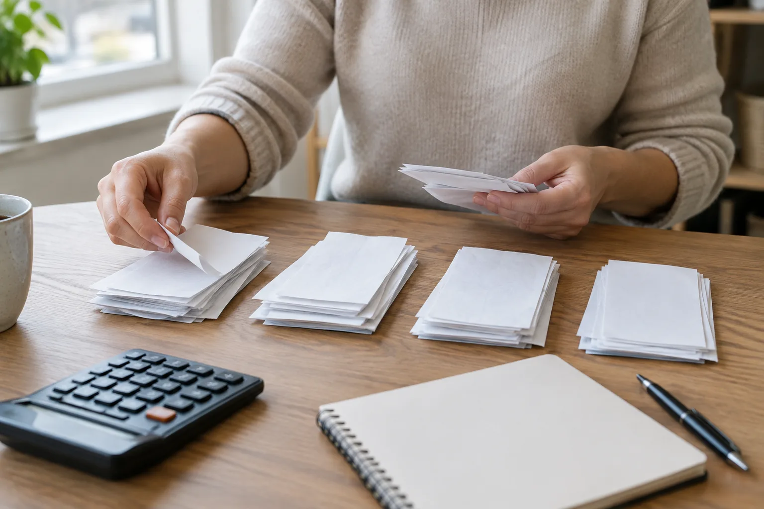 Des documents de paiement sont répartis en plusieurs piles à côté d’une calculatrice.