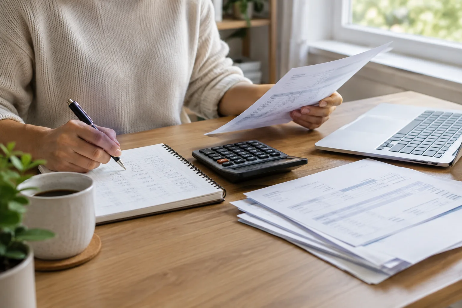 Des mains consultent des factures et un carnet de trésorerie près d’une calculatrice.